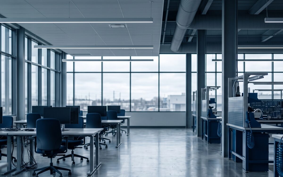 An open-plan work floor with rows of office desks on one side and equipment workbenches on the other