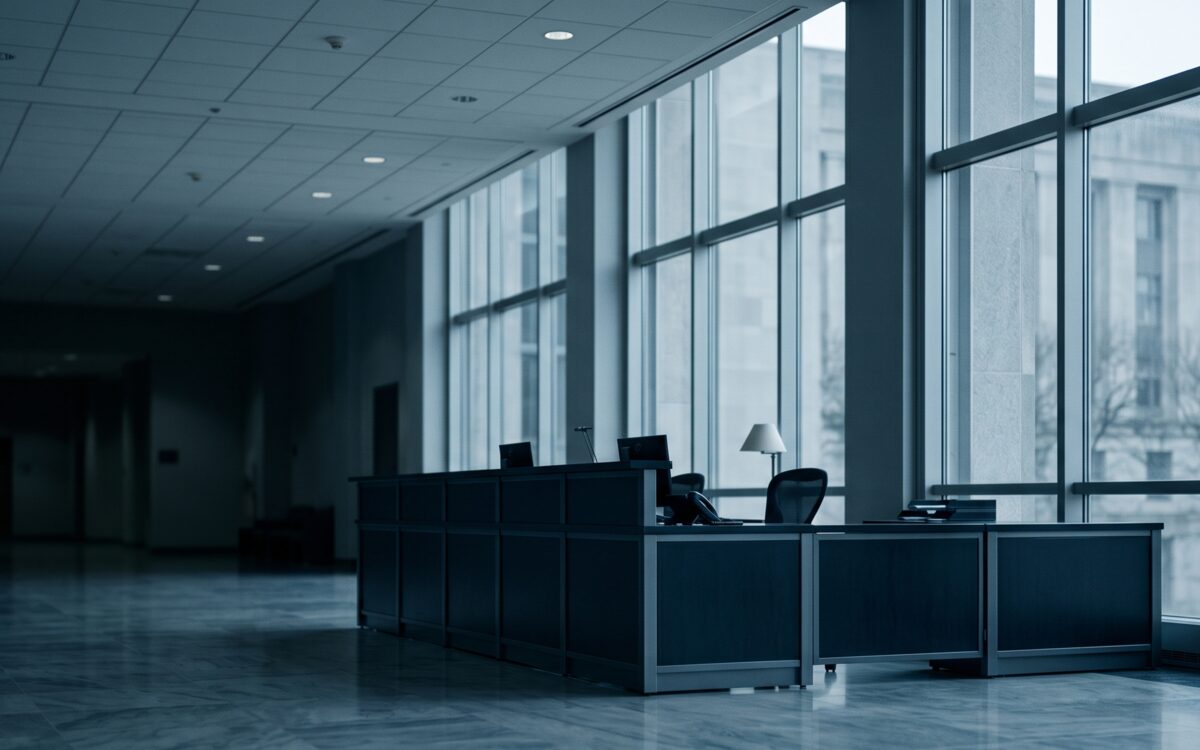 An unoccupied reception desk in the glass-walled lobby of a public building