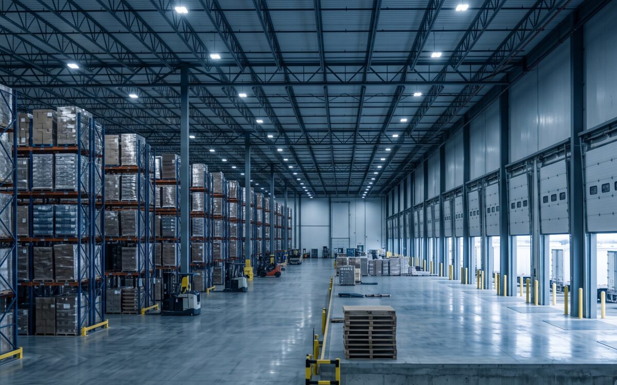 The interior of a distribution warehouse: pallet racking, forklifts, and a row of loading dock doors