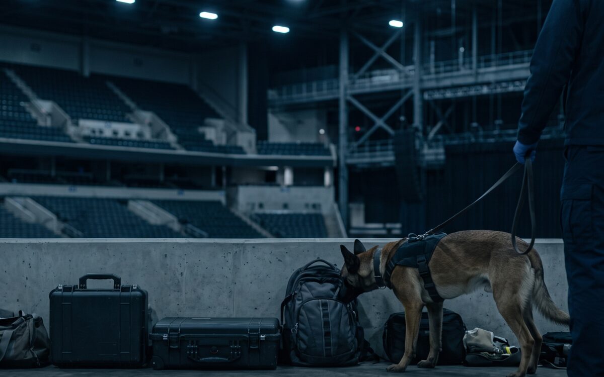 A detection dog checking bags and equipment cases on an arena floor