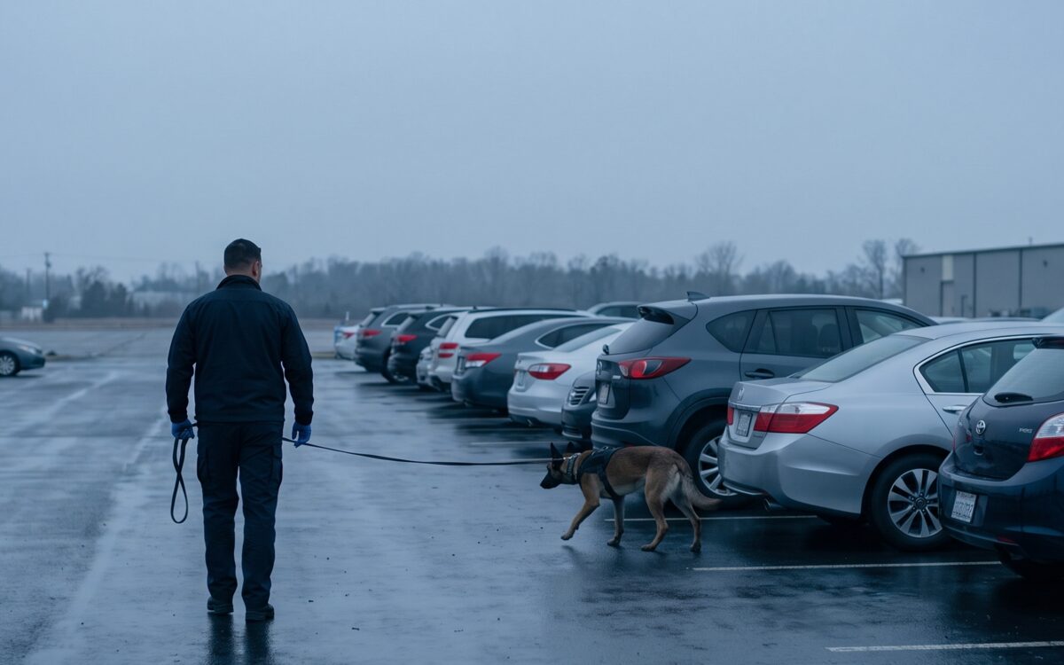 A handler and detection dog working a row of parked cars in an open lot