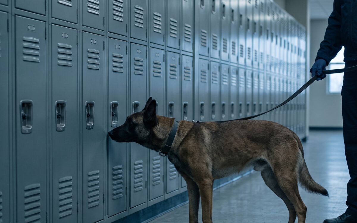 A detection dog working a row of school lockers alongside its handler